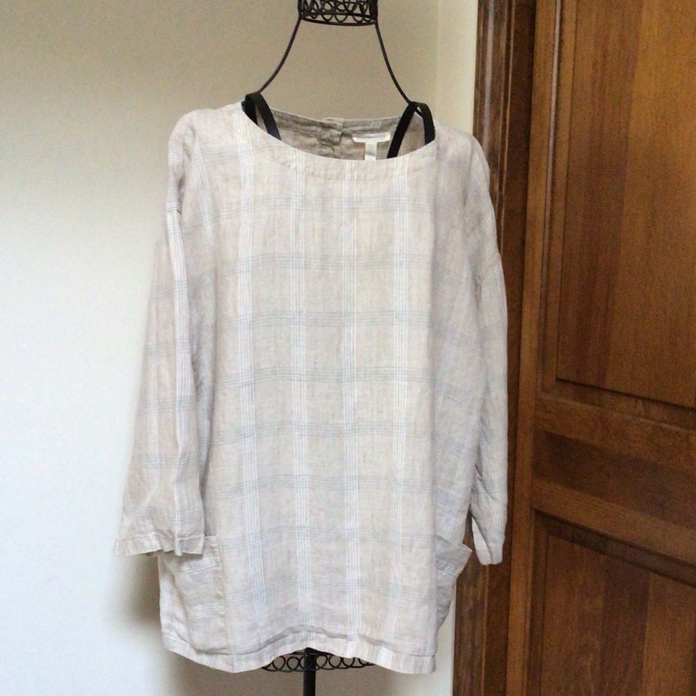 Eileen Fisher 3/4-Sleeve Catalan Linen Plaid Top, size SP - Picture 2 of 8